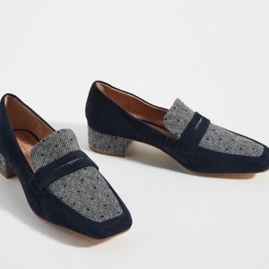 Anthropologie Navy Suede tweed “Harlow Loafers”